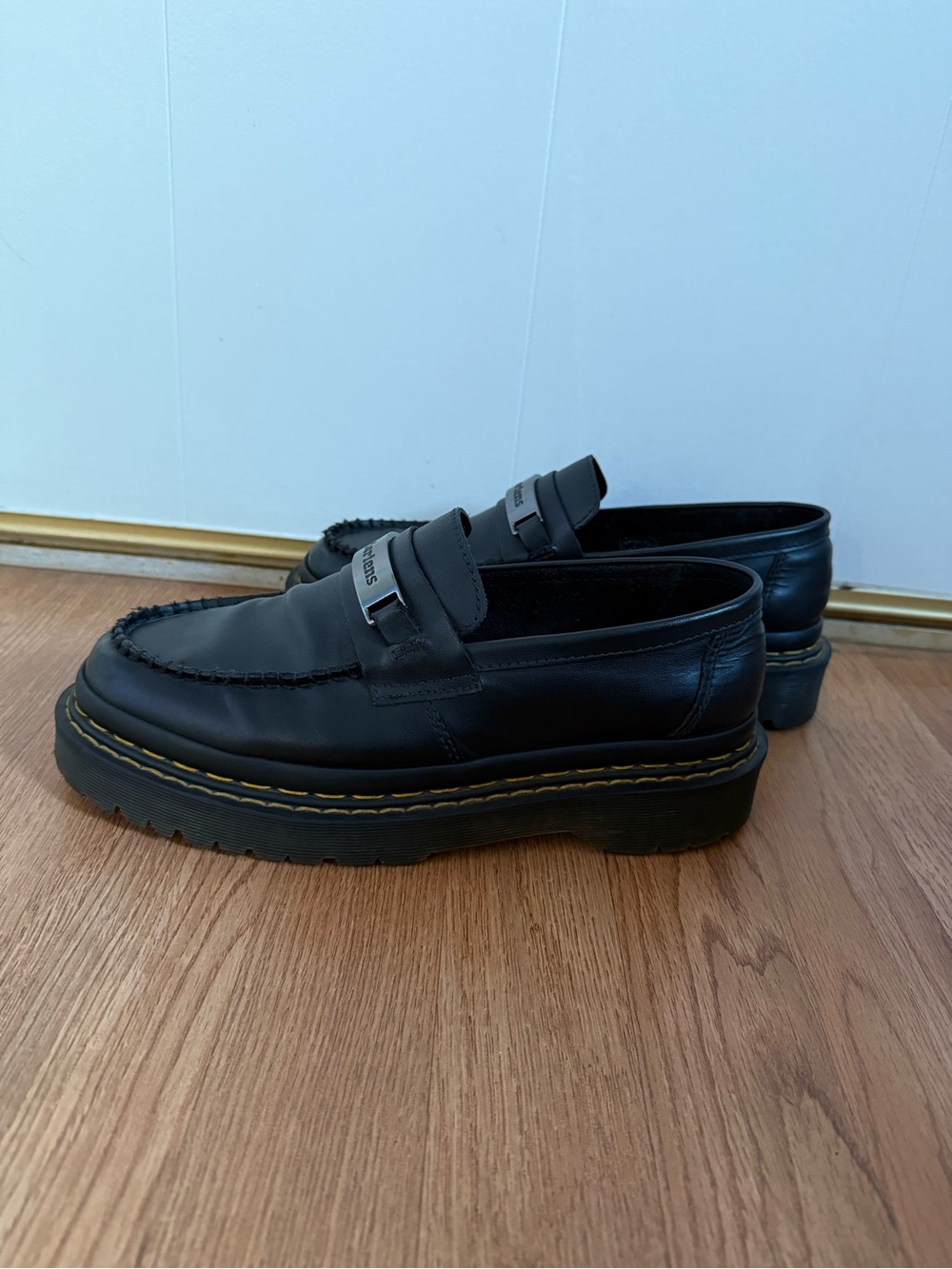 Dr. Martens Black Leather Penny Loafers with Yellow Stitching and Silver Plate - Picture 2 of 7